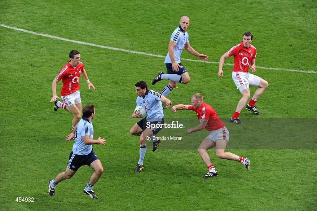 22 August 2010; Bernard Brogan, 15, Dublin, in action against Michael Shields, Cork. GAA Football All-Ireland Senior Championship Semi-Final, Dublin v Cork, Croke Park, Dublin. Picture credit: Brendan Moran / SPORTSFILE