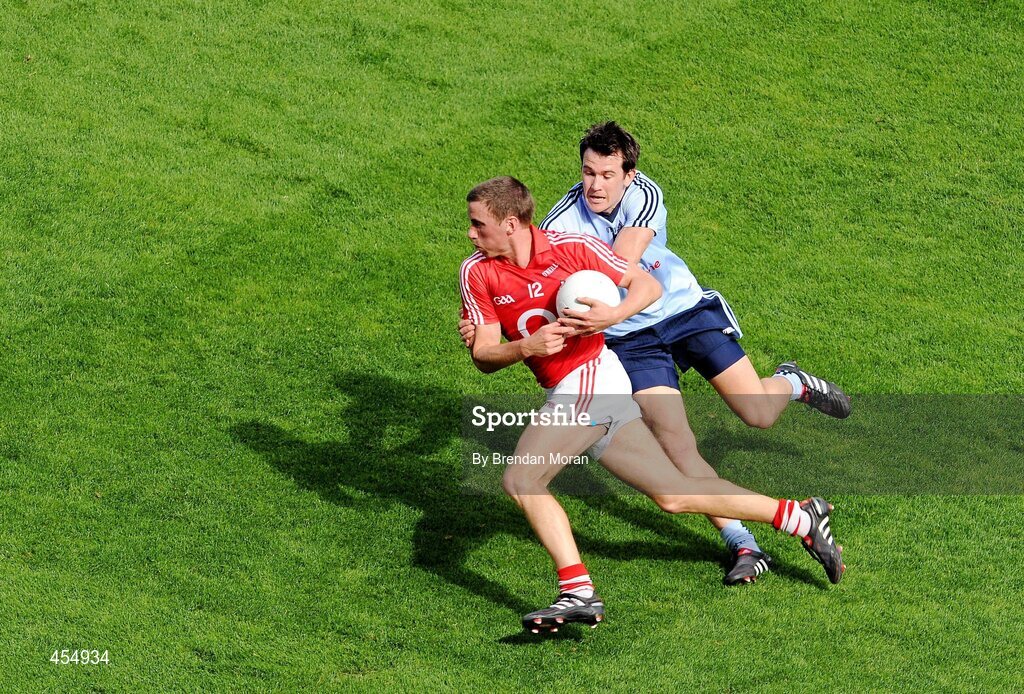 22 August 2010; Patrick Kelly, Cork, in action against Niall Corkery, Dublin. GAA Football All-Ireland Senior Championship Semi-Final, Dublin v Cork, Croke Park, Dublin. Picture credit: Brendan Moran / SPORTSFILE