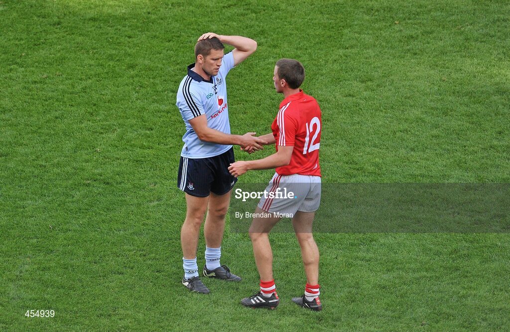 22 August 2010; Patrick Kelly, Cork, shakes hands with Conal Keaney, Dublin, at the final whistle. GAA Football All-Ireland Senior Championship Semi-Final, Dublin v Cork, Croke Park, Dublin. Picture credit: Brendan Moran / SPORTSFILE