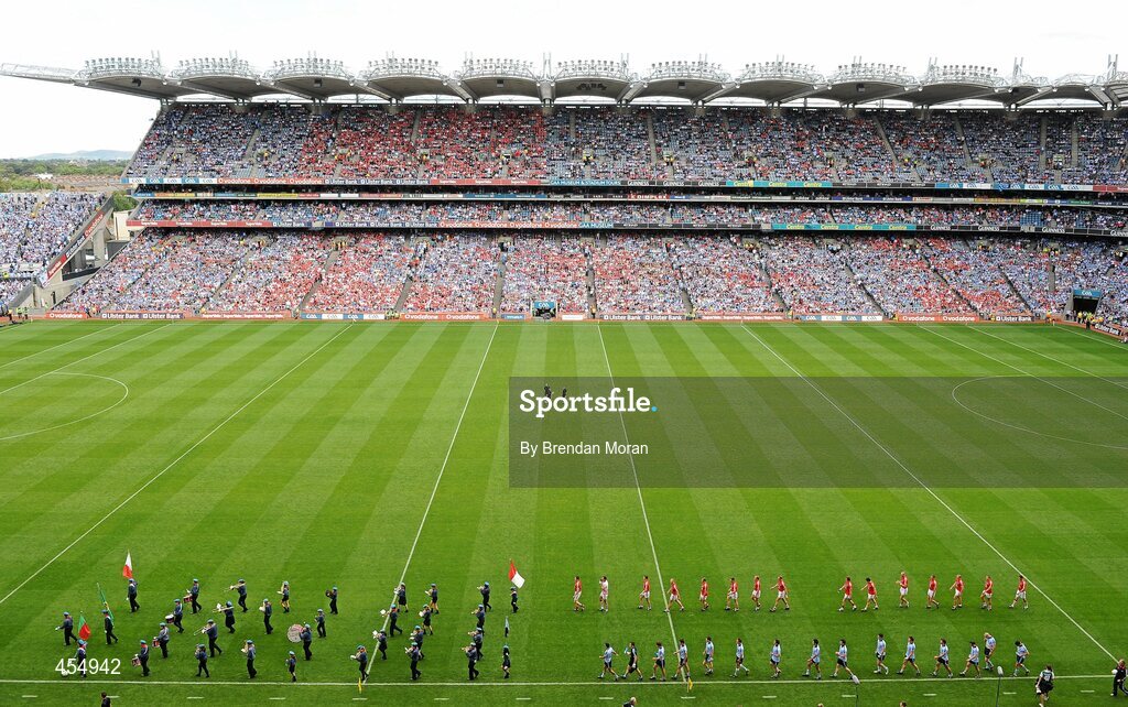 22 August 2010; The Cork and Dublin teams march behind the St Michael's Scout Band, Enniskillen, during the pre-match parade. GAA Football All-Ireland Senior Championship Semi-Final, Dublin v Cork, Croke Park, Dublin. Picture credit: Brendan Moran / SPORTSFILE