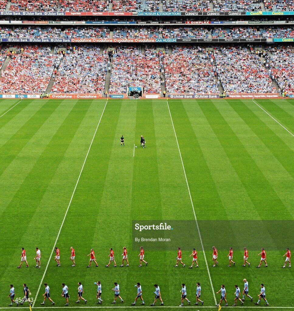 22 August 2010; The Cork and Dublin teams march in the pre-match parade. GAA Football All-Ireland Senior Championship Semi-Final, Dublin v Cork, Croke Park, Dublin. Picture credit: Brendan Moran / SPORTSFILE