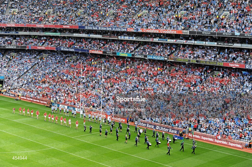 22 August 2010; The Cork and Dublin teams march behind the St Michael's Scout Band, Enniskillen, during the pre-match parade. GAA Football All-Ireland Senior Championship Semi-Final, Dublin v Cork, Croke Park, Dublin. Picture credit: Brendan Moran / SPORTSFILE