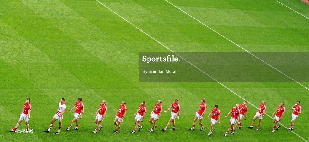 22 August 2010; The Cork team during the pre-match parade. GAA Football All-Ireland Senior Championship Semi-Final, Dublin v Cork, Croke Park, Dublin. Picture credit: Brendan Moran / SPORTSFILE