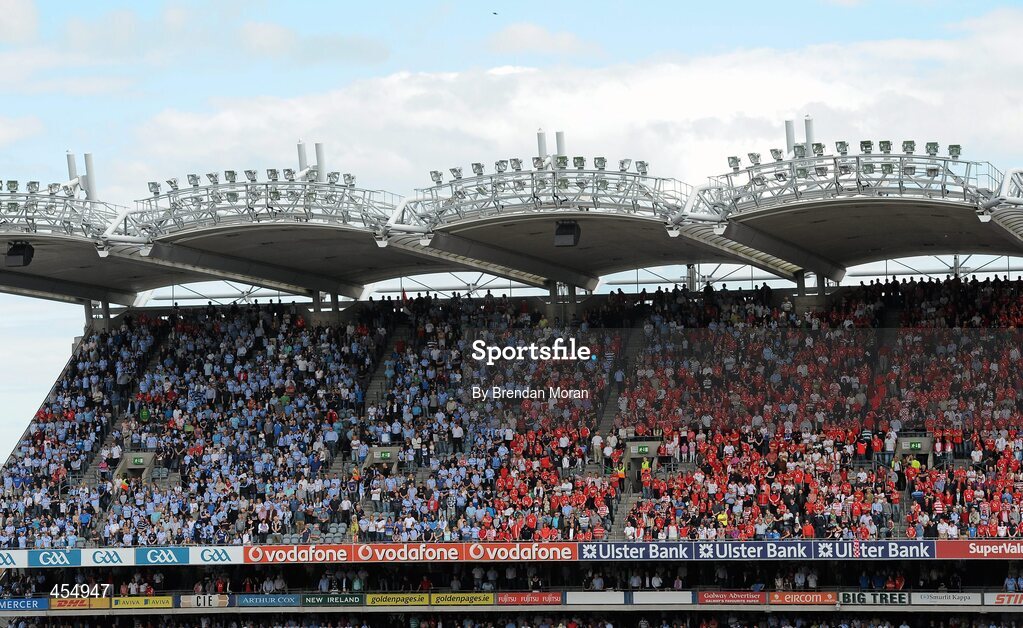 22 August 2010; Dublin and Cork supporters stand for the national anthem in the Cusack Stand before the game. GAA Football All-Ireland Senior Championship Semi-Final, Dublin v Cork, Croke Park, Dublin. Picture credit: Brendan Moran / SPORTSFILE