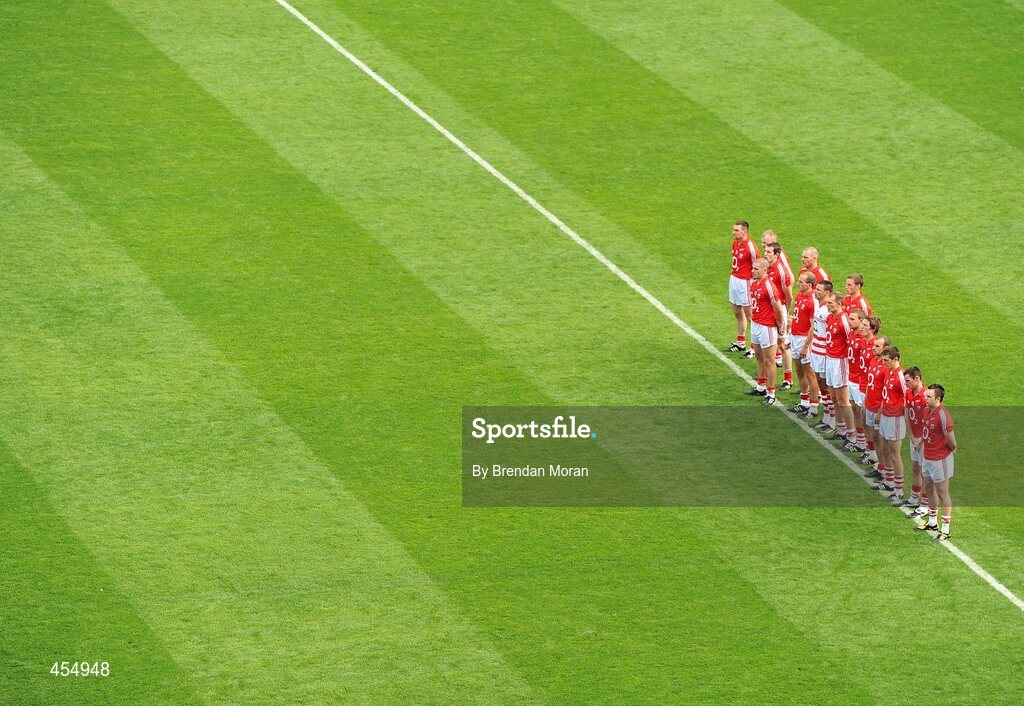 22 August 2010; The Cork team stand during the national anthem before the game. GAA Football All-Ireland Senior Championship Semi-Final, Dublin v Cork, Croke Park, Dublin. Picture credit: Brendan Moran / SPORTSFILE