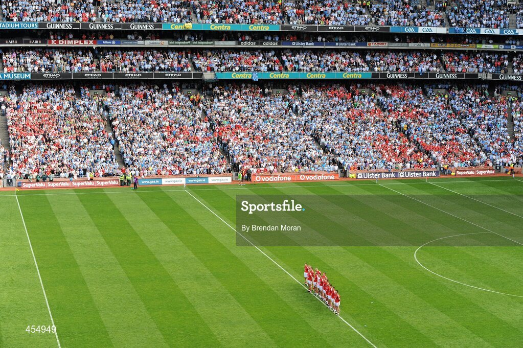 22 August 2010; The Cork team stand for the national anthem before the game. GAA Football All-Ireland Senior Championship Semi-Final, Dublin v Cork, Croke Park, Dublin. Picture credit: Brendan Moran / SPORTSFILE