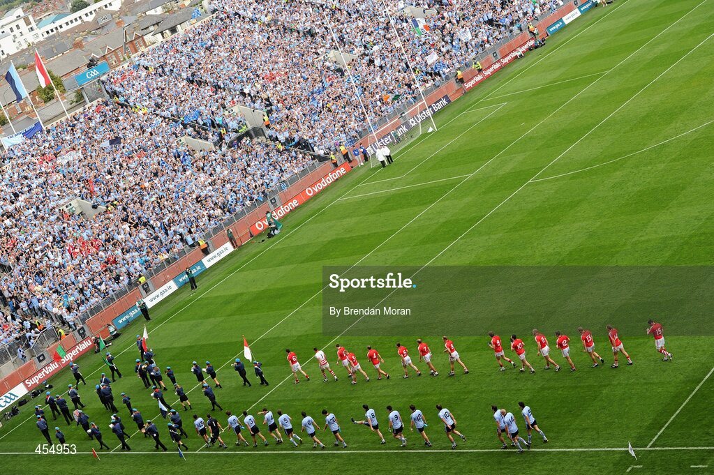 22 August 2010; The Cork and Dublin teams march behind the St Michael's Scout Band, Enniskillen, during the pre-match parade before the game. GAA Football All-Ireland Senior Championship Semi-Final, Dublin v Cork, Croke Park, Dublin. Picture credit: Brendan Moran / SPORTSFILE