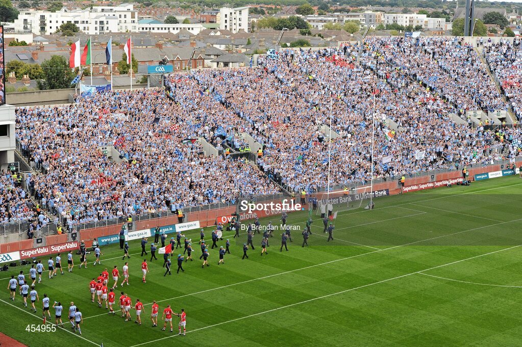 22 August 2010; The Cork and Dublin teams march behind the St Michael's Scout Band, Enniskillen, during the pre-match parade before the game. GAA Football All-Ireland Senior Championship Semi-Final, Dublin v Cork, Croke Park, Dublin. Picture credit: Brendan Moran / SPORTSFILE