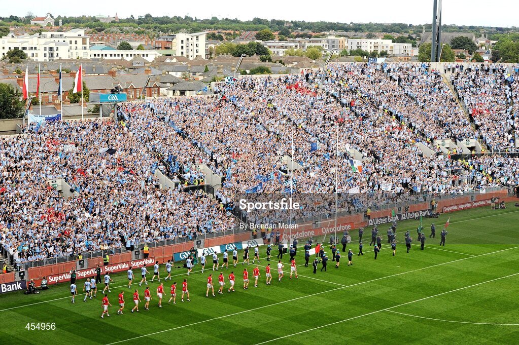 22 August 2010; The Cork and Dublin teams march behind the St Michael's Scout Band, Enniskillen, during the pre-match parade before the game. GAA Football All-Ireland Senior Championship Semi-Final, Dublin v Cork, Croke Park, Dublin. Picture credit: Brendan Moran / SPORTSFILE