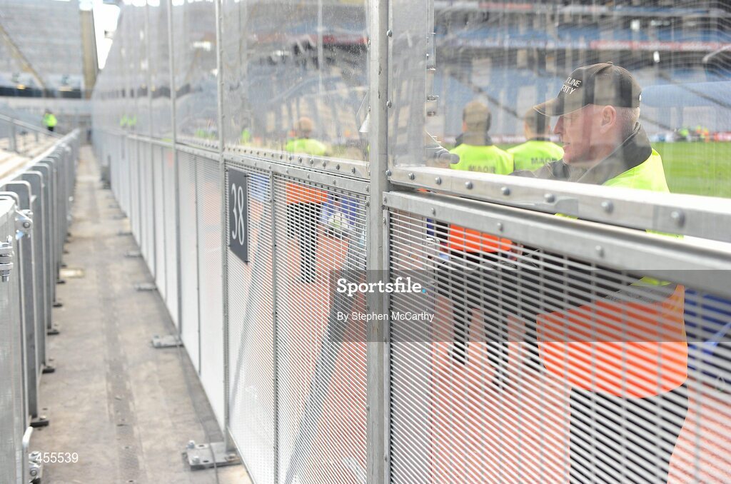 29 August 2010; A steward closes a gate in the newly erected fence during a demonstration at Hill 16 ahead of the game. GAA Football All-Ireland Senior Championship Semi-Final, Kildare v Down, Croke Park, Dublin. Picture credit: Stephen McCarthy / SPORTSFILE