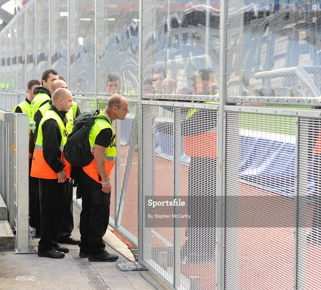 29 August 2010; Stewards look through the newly erected fence during a demonstration at Hill 16 ahead of the game. GAA Football All-Ireland Senior Championship Semi-Final, Kildare v Down, Croke Park, Dublin. Picture credit: Stephen McCarthy / SPORTSFILE