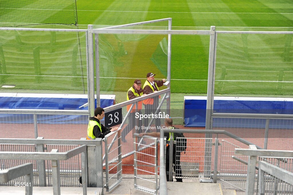 29 August 2010; Stewards close the gate of the newly erected fence during a demonstration at Hill 16 ahead of the game. GAA Football All-Ireland Senior Championship Semi-Final, Kildare v Down, Croke Park, Dublin. Picture credit: Stephen McCarthy / SPORTSFILE