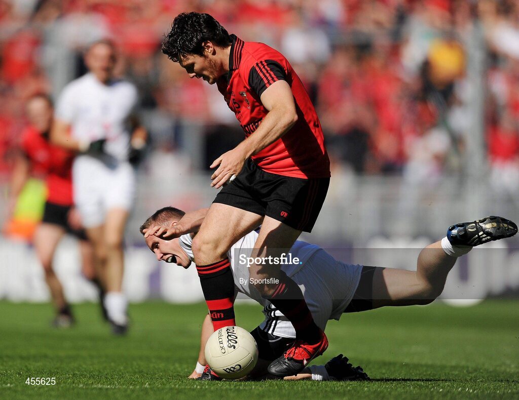 29 August 2010; Martin Clarke, Down, in action against Brian Flanagan, Kildare. GAA Football All-Ireland Senior Championship Semi-Final, Kildare v Down, Croke Park, Dublin. Photo by Sportsfile