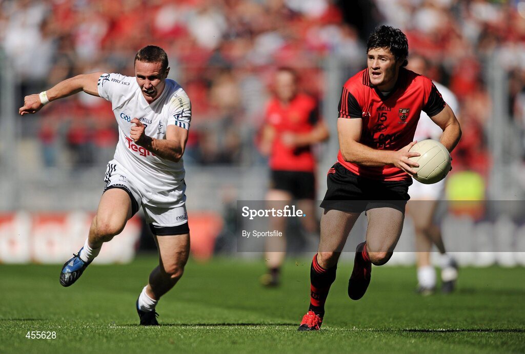 29 August 2010; Martin Clarke, Down, in action against Brian Flanagan, Kildare. GAA Football All-Ireland Senior Championship Semi-Final, Kildare v Down, Croke Park, Dublin. Photo by Sportsfile