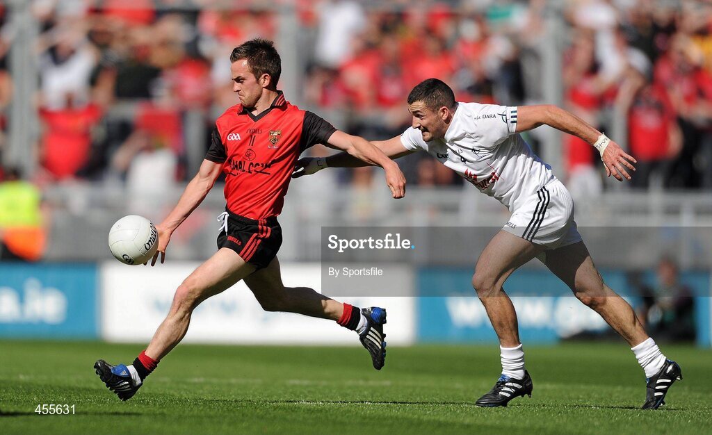 29 August 2010; Mark Poland, Down, in action against Aindriú Mac Lochlain, Kildare. GAA Football All-Ireland Senior Championship Semi-Final, Kildare v Down, Croke Park, Dublin. Photo by Sportsfile