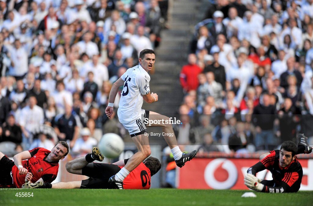 29 August 2010; Eamonn Callaghan, Kildare, watches his shot hit the post as Daniel McCartan, left, Kevin McKernan and Brendan McVeigh, Down, look on. GAA Football All-Ireland Senior Championship Semi-Final, Kildare v Down, Croke Park, Dublin. Picture credit: Barry Cregg / SPORTSFILE
