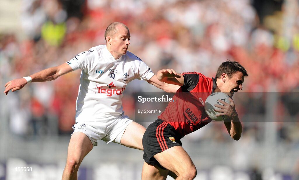 29 August 2010; Daniel Hughes, Down, in action against James Kavanagh, Kildare. GAA Football All-Ireland Senior Championship Semi-Final, Kildare v Down, Croke Park, Dublin. Photo by Sportsfile