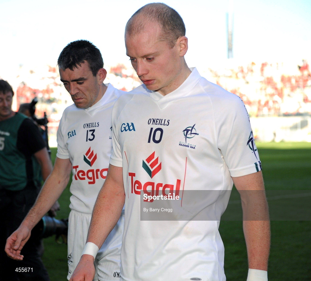 29 August 2010; A dejected John Doyle and James Kavanagh, right, Kildare, walk off the field after the game. GAA Football All-Ireland Senior Championship Semi-Final, Kildare v Down, Croke Park, Dublin. Picture credit: Barry Cregg / SPORTSFILE