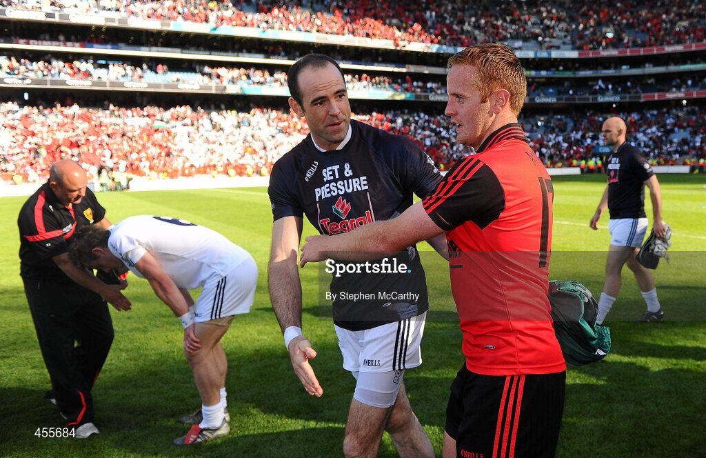 29 August 2010; Dermot Earley, Kildare, and Brendan Coulter, Down, after the game. GAA Football All-Ireland Senior Championship Semi-Final, Kildare v Down, Croke Park, Dublin. Picture credit: Stephen McCarthy / SPORTSFILE