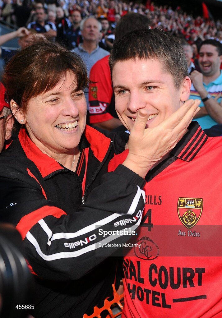 29 August 2010; Damian Rafferty, Down, is congratulated by his mother Carmel following his side's victory. GAA Football All-Ireland Senior Championship Semi-Final, Kildare v Down, Croke Park, Dublin. Picture credit: Stephen McCarthy / SPORTSFILE