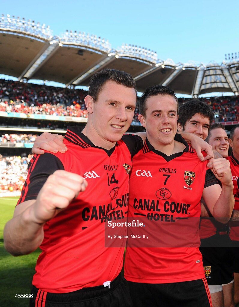 29 August 2010; John Clarke, left, and Conor Garvey, Down, celebrate their side's victory. GAA Football All-Ireland Senior Championship Semi-Final, Kildare v Down, Croke Park, Dublin. Picture credit: Stephen McCarthy / SPORTSFILE
