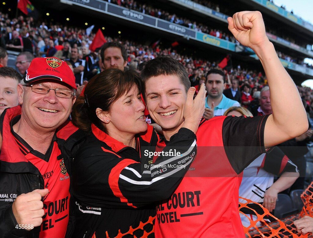 29 August 2010; Damian Rafferty, Down, is congratulated by his mother Carmel and father Paul following his side's victory. GAA Football All-Ireland Senior Championship Semi-Final, Kildare v Down, Croke Park, Dublin. Picture credit: Stephen McCarthy / SPORTSFILE