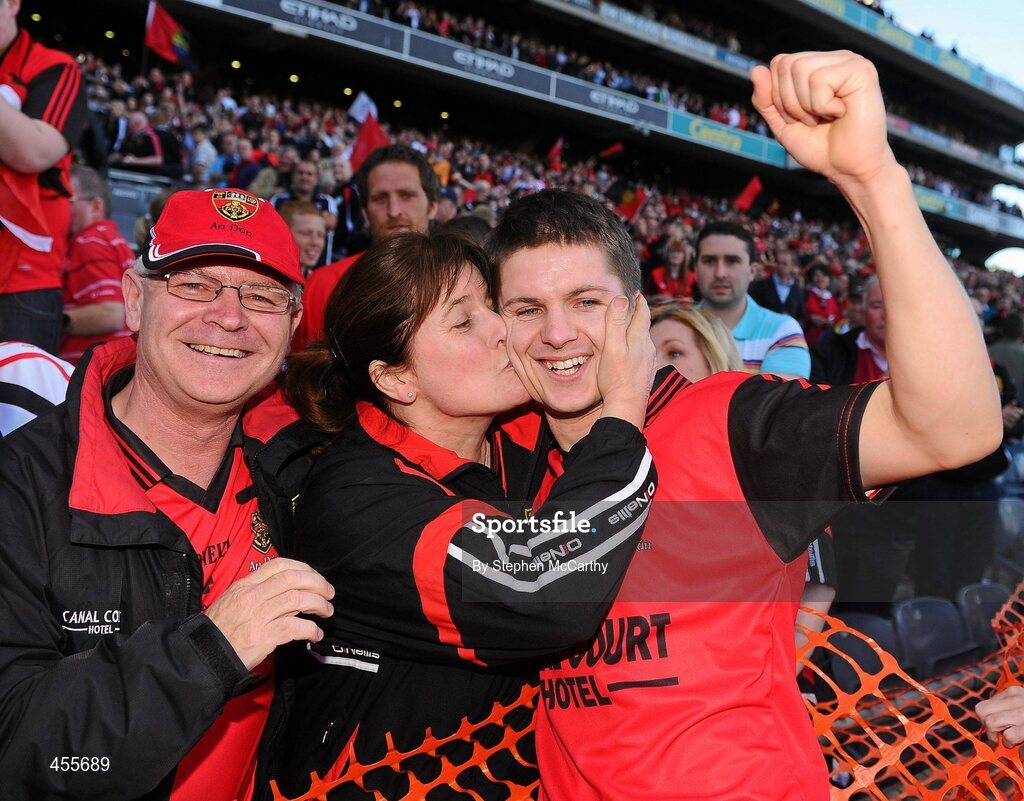 29 August 2010; Damian Rafferty, Down, is congratulated by his mother Carmel and father Paul following his side's victory. GAA Football All-Ireland Senior Championship Semi-Final, Kildare v Down, Croke Park, Dublin. Picture credit: Stephen McCarthy / SPORTSFILE