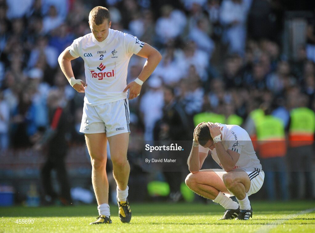 29 August 2010; Disappointed Kildare players Peter Kelly, left, and Aindriu Mac Lochlainn at the end of the game. GAA Football All-Ireland Senior Championship Semi-Final, Kildare v Down, Croke Park, Dublin. Picture credit: David Maher / SPORTSFILE