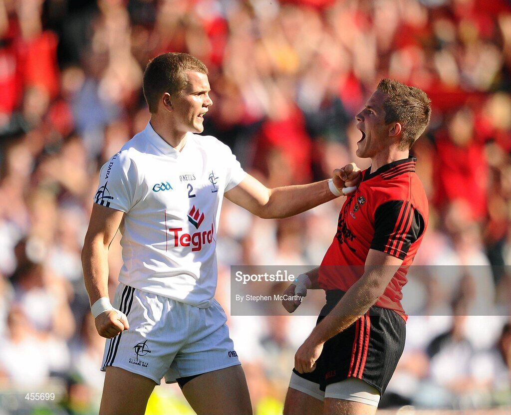 29 August 2010; Paul McComiskey, Down, celebrates a second half point in front of Peter Kelly, Kildare. GAA Football All-Ireland Senior Championship Semi-Final, Kildare v Down, Croke Park, Dublin. Picture credit: Stephen McCarthy / SPORTSFILE