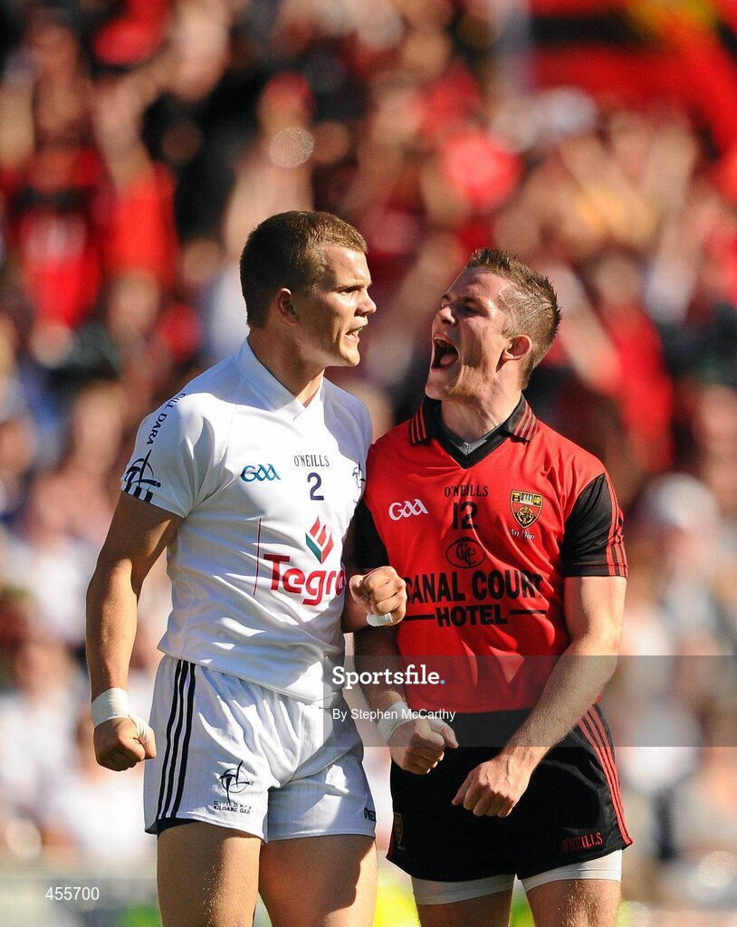 29 August 2010; Paul McComiskey, Down, celebrates a second half point in front of Peter Kelly, Kildare. GAA Football All-Ireland Senior Championship Semi-Final, Kildare v Down, Croke Park, Dublin. Picture credit: Stephen McCarthy / SPORTSFILE