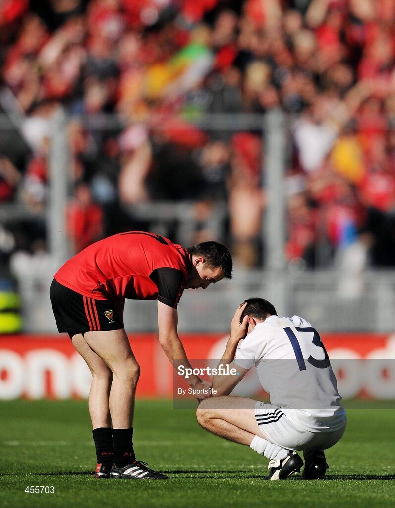 29 August 2010; Conor Garvey, Down, consoles a dejected John Doyle, Kildare, after the game. GAA Football All-Ireland Senior Championship Semi-Final, Kildare v Down, Croke Park, Dublin. Photo by Sportsfile