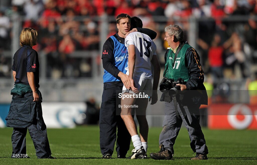 29 August 2010; Kildare manager Kieran McGeeney consoles captain John Doyle after the game. GAA Football All-Ireland Senior Championship Semi-Final, Kildare v Down, Croke Park, Dublin. Photo by Sportsfile