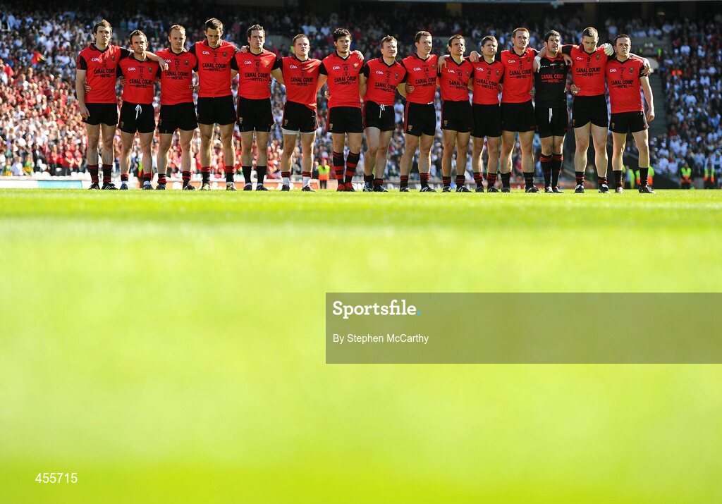 29 August 2010; The Down team during the National Anthem. GAA Football All-Ireland Senior Championship Semi-Final, Kildare v Down, Croke Park, Dublin. Picture credit: Stephen McCarthy / SPORTSFILE