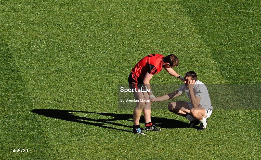 29 August 2010; Daniel McCartan, Down, consoles John Doyle, Kildare, after the final whistle. GAA Football All-Ireland Senior Championship Semi-Final, Kildare v Down, Croke Park, Dublin. Picture credit: Brendan Moran / SPORTSFILE
