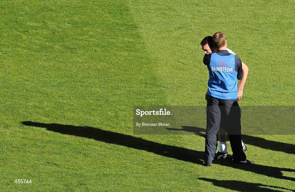 29 August 2010; Kildare's John Doyle is consoled by manager Kieran McGeeney after the game. GAA Football All-Ireland Senior Championship Semi-Final, Kildare v Down, Croke Park, Dublin. Picture credit: Brendan Moran / SPORTSFILE