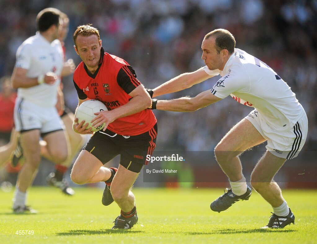 29 August 2010; Brendan Coulter, Down, in action against Hugh McGrillen, Kildare. GAA Football All-Ireland Senior Championship Semi-Final, Kildare v Down, Croke Park, Dublin. Picture credit: David Maher / SPORTSFILE