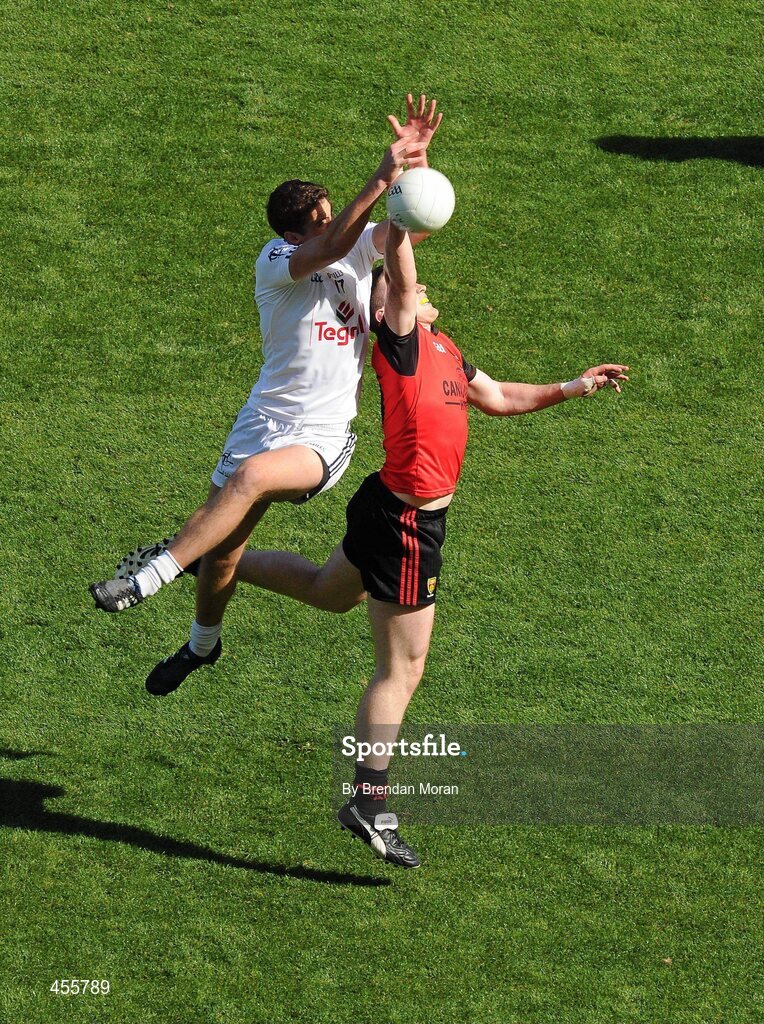 29 August 2010; Hugh Lynch, Kildare, and Kalum King, Down, contest a high ball. GAA Football All-Ireland Senior Championship Semi-Final, Kildare v Down, Croke Park, Dublin. Picture credit: Brendan Moran / SPORTSFILE