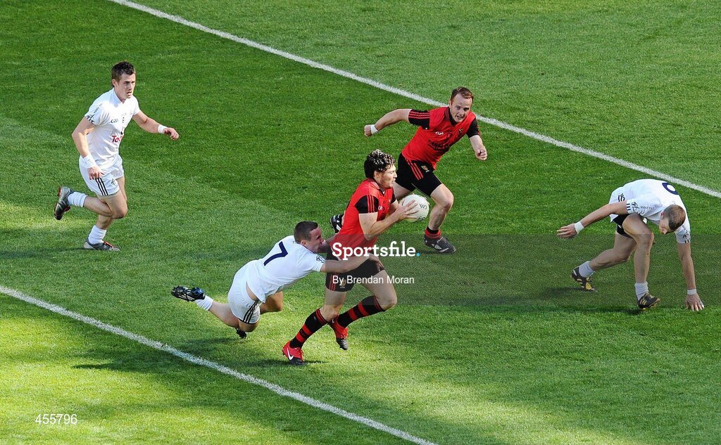 29 August 2010; Martin Clarke, Down, is tackled by Brian Flanagan, Kildare. GAA Football All-Ireland Senior Championship Semi-Final, Kildare v Down, Croke Park, Dublin. Picture credit: Brendan Moran / SPORTSFILE