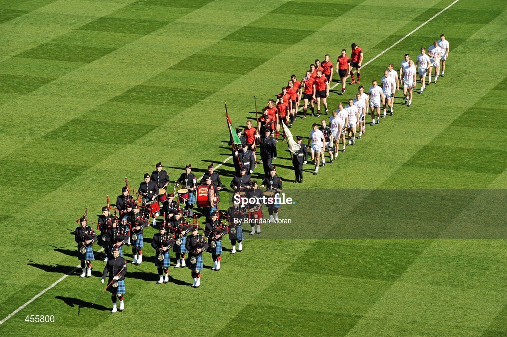 29 August 2010; The Down and Kildare teams march behind the Dublin Fire Brigade Band during the pre-match parade. GAA Football All-Ireland Senior Championship Semi-Final, Kildare v Down, Croke Park, Dublin. Picture credit: Brendan Moran / SPORTSFILE