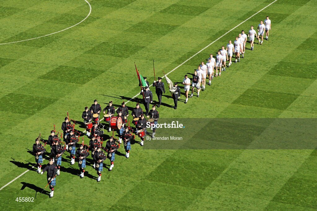 29 August 2010; The Kildare team march behind the Dublin Fire Brigade Band before the game. GAA Football All-Ireland Senior Championship Semi-Final, Kildare v Down, Croke Park, Dublin. Picture credit: Brendan Moran / SPORTSFILE