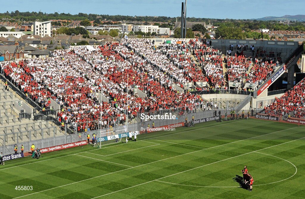29 August 2010; The Down team stand for the national anthem in front of Hill 16 before the game. GAA Football All-Ireland Senior Championship Semi-Final, Kildare v Down, Croke Park, Dublin. Picture credit: Brendan Moran / SPORTSFILE