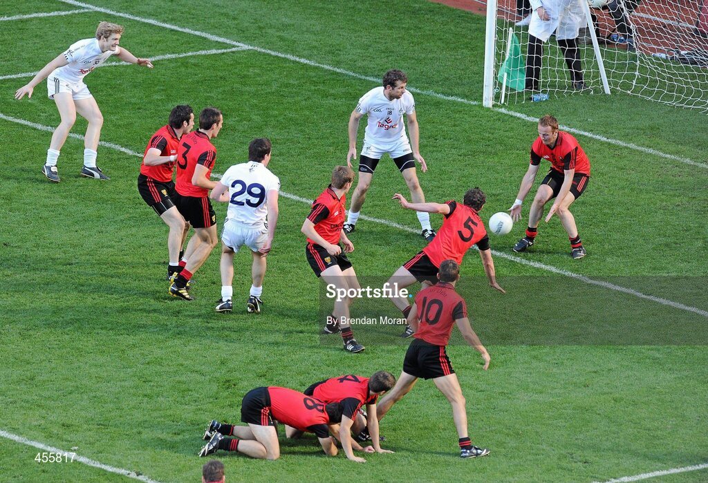 29 August 2010; Benny Coulter, Down, blocks a shot from David Lyons, 29, Kildare, late in the game. GAA Football All-Ireland Senior Championship Semi-Final, Kildare v Down, Croke Park, Dublin. Picture credit: Brendan Moran / SPORTSFILE