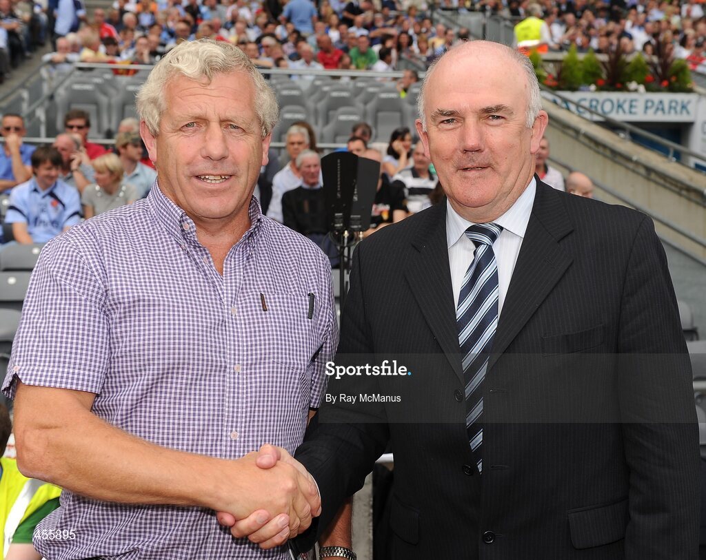 22 August 2010; Chairman of the Cork county board, Jerry O'Sullivan, left, shakes hands with Chairman of the Dublin county board, Gerry Harrington before the game. GAA Football All-Ireland Senior Championship Semi-Final, Dublin v Cork, Croke Park, Dublin. Picture credit: Ray McManus / SPORTSFILE