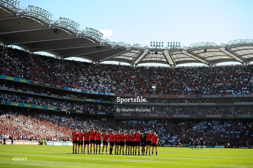 29 August 2010; The Down team during the national anthem. GAA Football All-Ireland Senior Championship Semi-Final, Kildare v Down, Croke Park, Dublin. Picture credit: Stephen McCarthy / SPORTSFILE