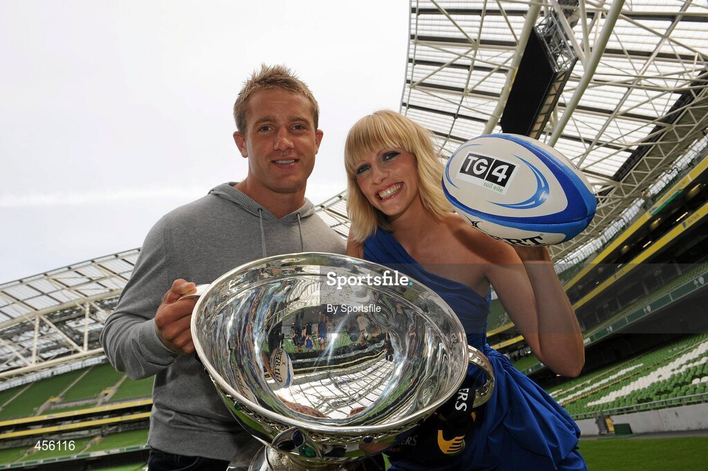 31 August 2010; Rugby presenter Maire Treasa Ni Dhubhghaill with Leinster's Luke Fitzgerald and the Magners League Cup at the Launch of TG4 Autumn Schedule 2010. The Aviva Stadium, Lansdowne Road, Dublin. Photo by Sportsfile