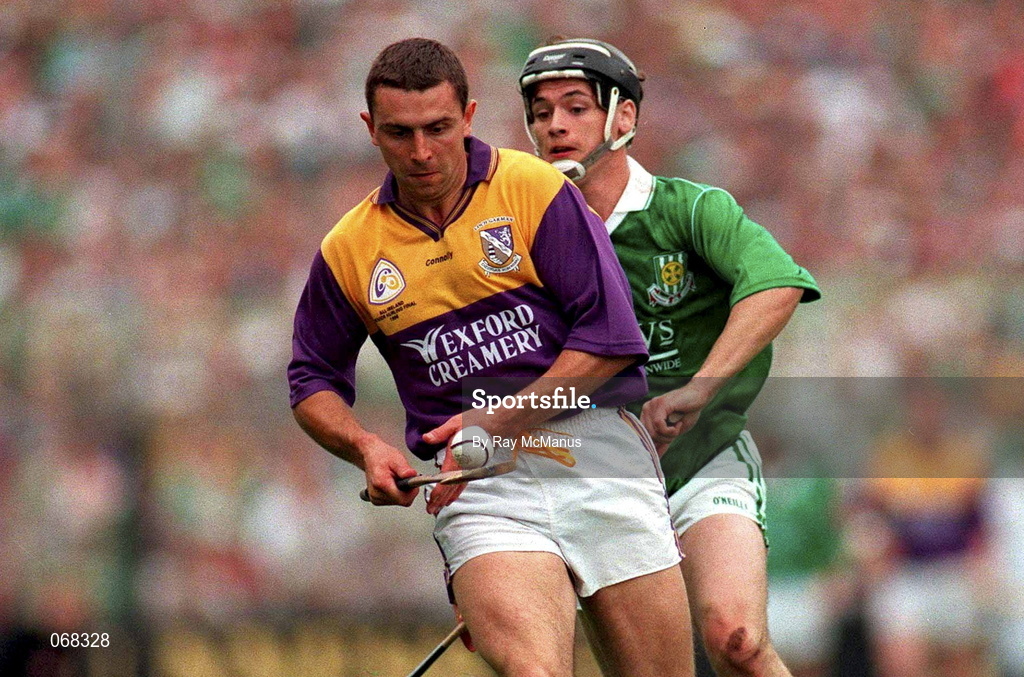 1 September 1996; Larry O'Gorman of Wexford in action against Barry Foley of Limerick during the Guinness All-Ireland Senior Hurling Championship Final match between Wexford and Limerick at Croke Park in Dublin. Photo by Ray McManus/Sportsfile