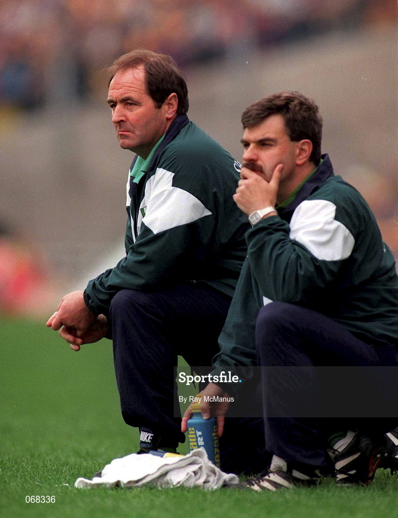 1 September 1996; Limerick manager Tom Ryan, left, with Dave Mahon during the Guinness All-Ireland Senior Hurling Championship Final match between Wexford and Limerick at Croke Park in Dublin. Photo by Ray McManus/Sportsfile