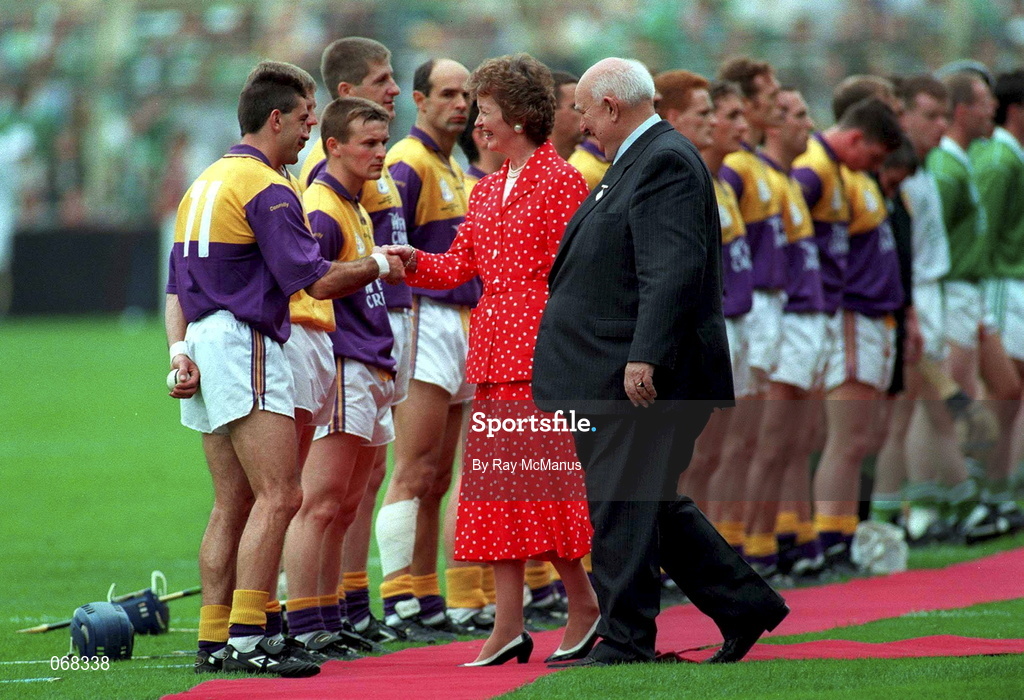 1 September 1996; President Mary Robinson and Guinness president Jack Boothman meets Wexford captain Martin Storey ahead of the Guinness All-Ireland Senior Hurling Championship Final match between Wexford and Limerick at Croke Park in Dublin. Photo by Ray McManus/Sportsfile