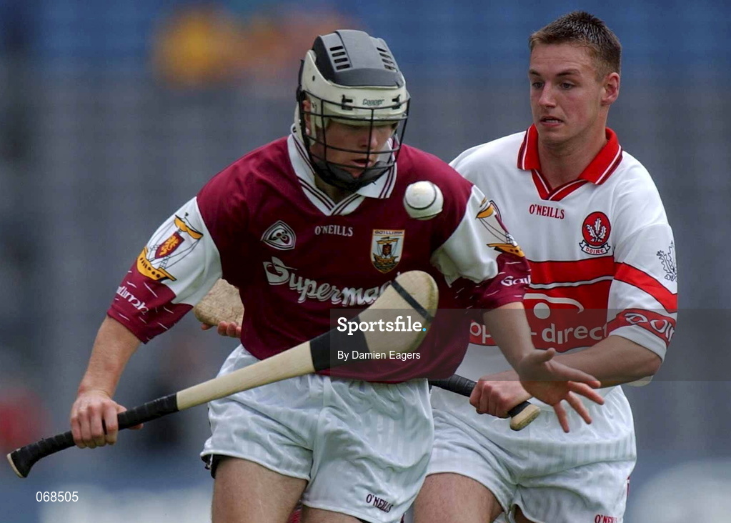 29 July 2001; Brendan Lucas of Galway in action against Conor McKenna of Derry during the Guinness All-Ireland Senior hurling Championship Quarter-Final match between Galway and Derry at Croke Park in Dublin. Photo by Damien Eagers/Sportsfile