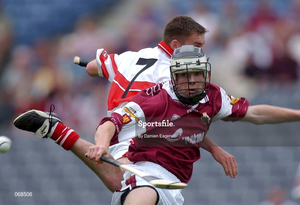 29 July 2001;  Brendan Lucas of Galway in action against Conor McKenna of Derry during the Guinness All-Ireland Senior hurling Championship Quarter-Final match between Galway and Derry at Croke Park in Dublin. Photo by Damien Eagers/Sportsfile